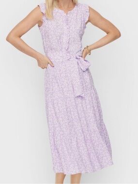 TALBOTS TIERED MIDI DRESS PINK VIOLET FLORAL VINE PRINT BELTED COTTAGECORE 8